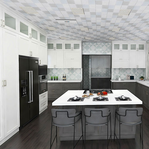 modern white and grey kitchen cabinets from floor to ceiling