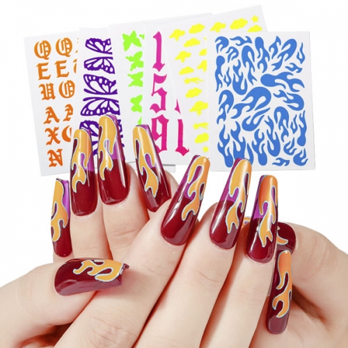NAS-51 6pcs/set neon color butterfly letters nail flame stickers