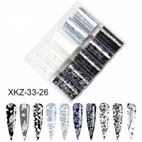 XKZ-33-26 Holographic butterfly flower white black lace nail art transfer foil