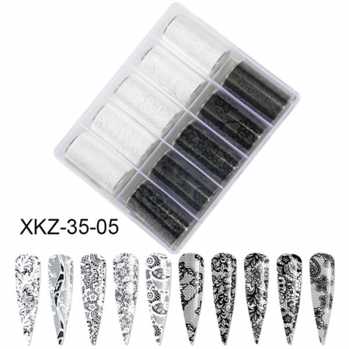 XKZ-35-05 Black white flower lace transfer nail foil