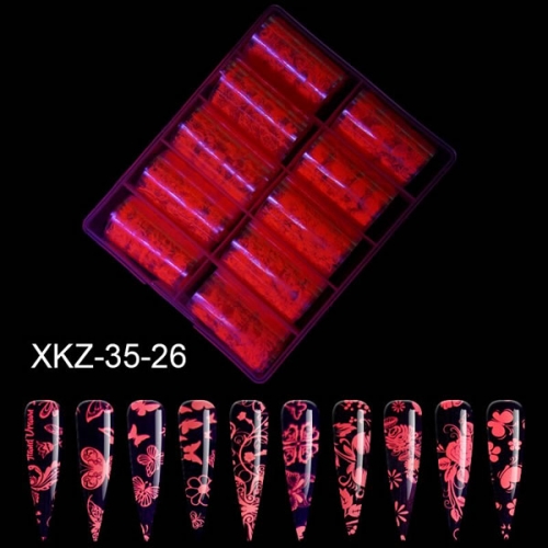 XKZ-35-26 Glow in the UV light neon red light nail art transfer foil