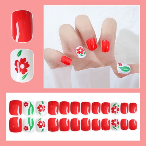 PNT-101-62 Red flower nail tips press on nails