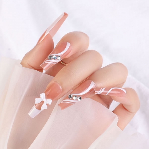 PNT-111 24pcs/box Long coffin pink French style press on nails