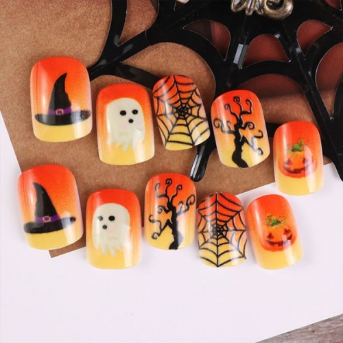 PNT-154 24pcs Halloween pumpkin ghost press on nails
