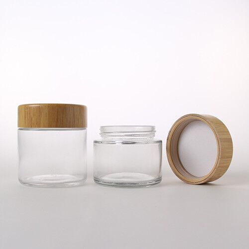 Embalagem cosmética de bambu personalizada 2 oz 3 oz 4 oz frasco de vidro transparente à prova de crianças olhos creme frasco de vidro com tampa CRC