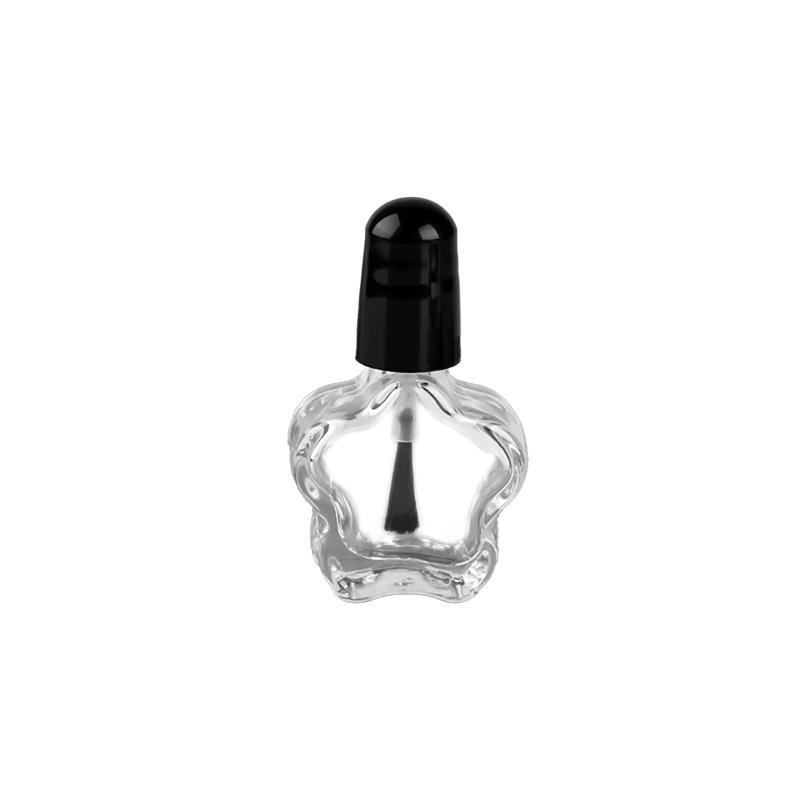 Venta al por mayor de botellas de esmalte de uñas de vidrio con forma de flor 5ml, con tapa de cepillo de plástico