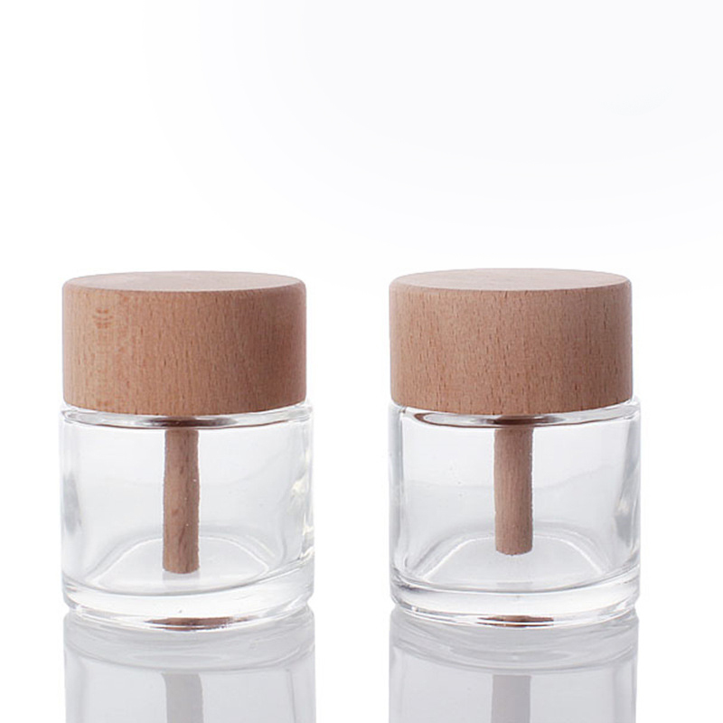 Botella de incienso cilíndrico de vidrio de sombrero de madera redonda de difusor de caña de 50 ml