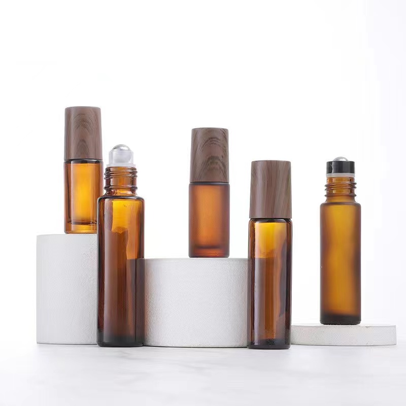 5ml 10ml 15ml amber glass roll on bottle with water transfer wooden lid