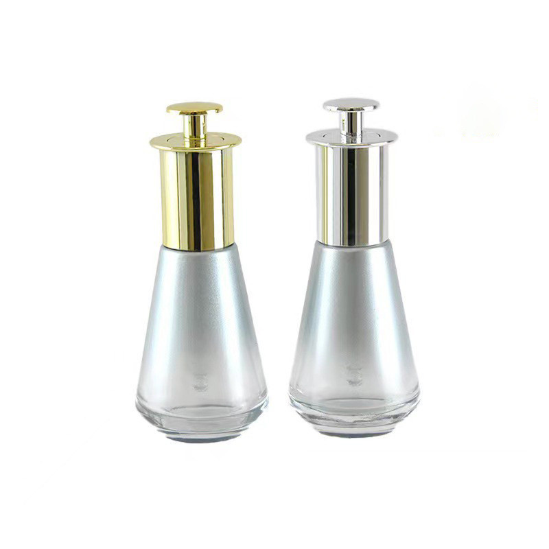 Botella de esencia facial de belleza de vidrio vacío de 30 ml, botella de goteo con botón de oro y plata