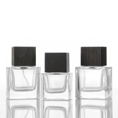 Wholesale 30ml 50ml 100ml Crimp Neck Man Square Glass Perfume Bottle with Wooden Over Cap