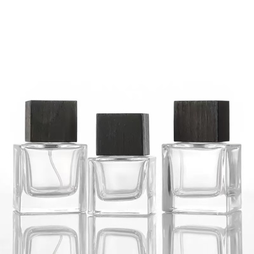 Wholesale 30ml 50ml 100ml Crimp Neck Man Square Glass Perfume Bottle with Wooden Over Cap
