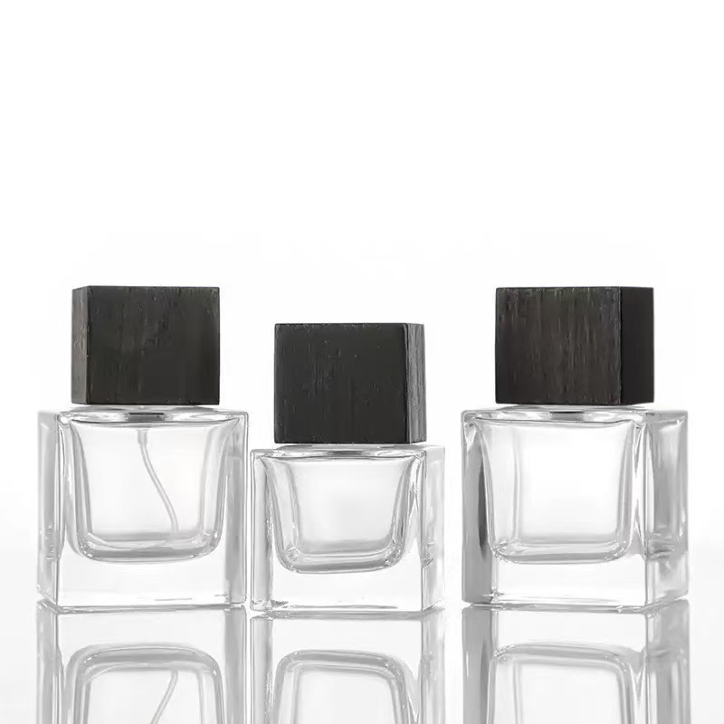 Wholesale 30ml 50ml 100ml Crimp Neck Man Square Glass Perfume Bottle with Wooden Over Cap