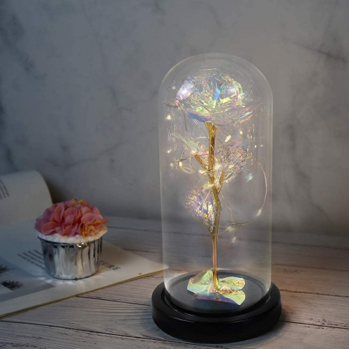 Colorful Artificial Flower Rose Gift, Led Light String on The Colorful Flower,Lasts Forever in A Glass Dome,Unique Gifts for Women