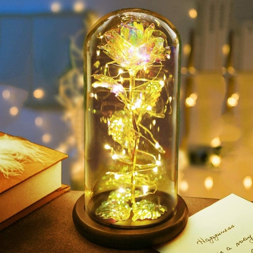 Colorful Artificial Flower Rose Gift, Led Light String on The Colorful Flower,Lasts Forever in A Glass Dome,Unique Gifts for Women