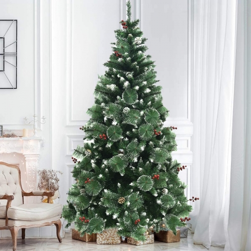 Weihnachtsbaum Künstlicher Weihnachtsbaum 210cm mit Schnee Zapfen und Tannenzapfen, Schwer entflammbarer Tannenbaum mit Schnellaufbau Klappsystem, Chr