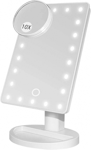 Makeup Mirror, Cosmetic Mirror, 22 LED Lights, Tabletop Mirror, LED 10x Magnifying Mirror, Stand, USB Battery, 180° Adjustable