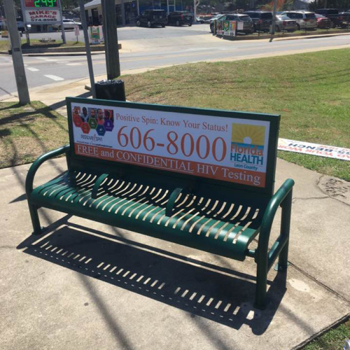 metal advertising bench with backrest