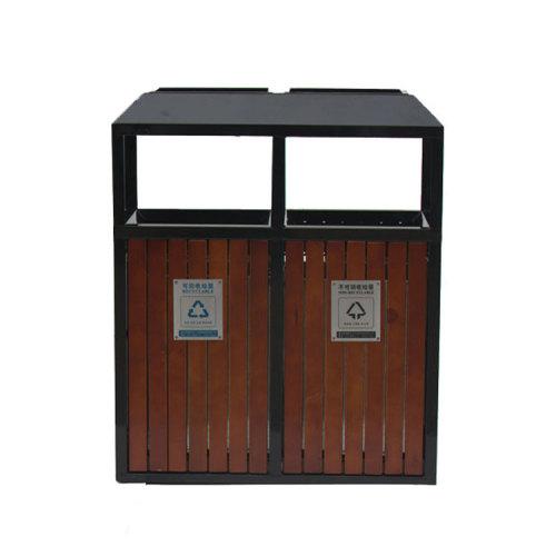 outdoor wood 2 compartment garbage bin