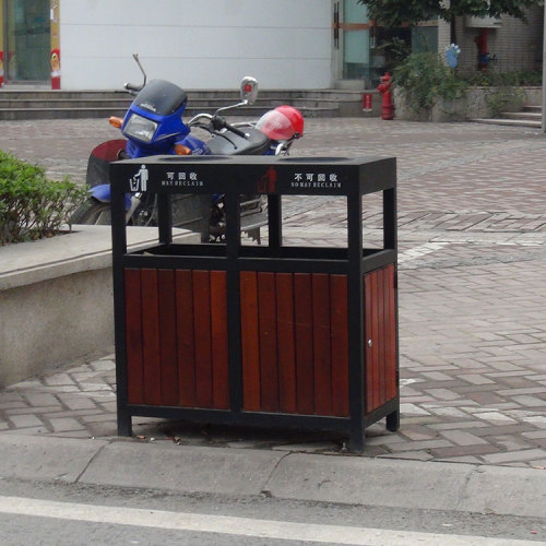 outdoor wood two compartment garbage can