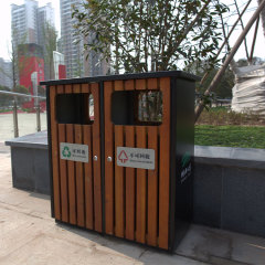 dual compartment wood trash bin
