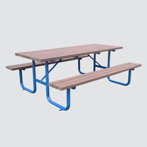 Outdoor unfoldable wooden table with two benches