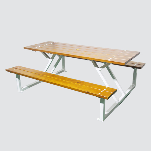 outdoor wooden picnic table and bench