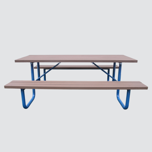 Outdoor unfoldable wooden table with two benches