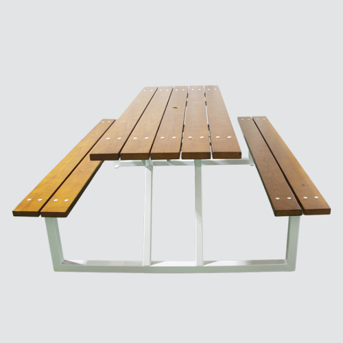 outdoor wooden picnic table and bench