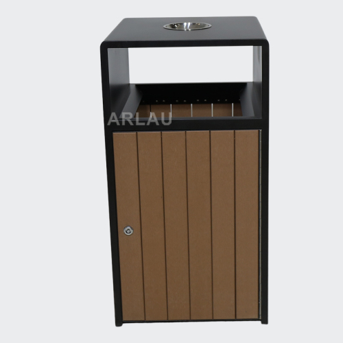 powder coating outdoor wood trash bin with ashtray