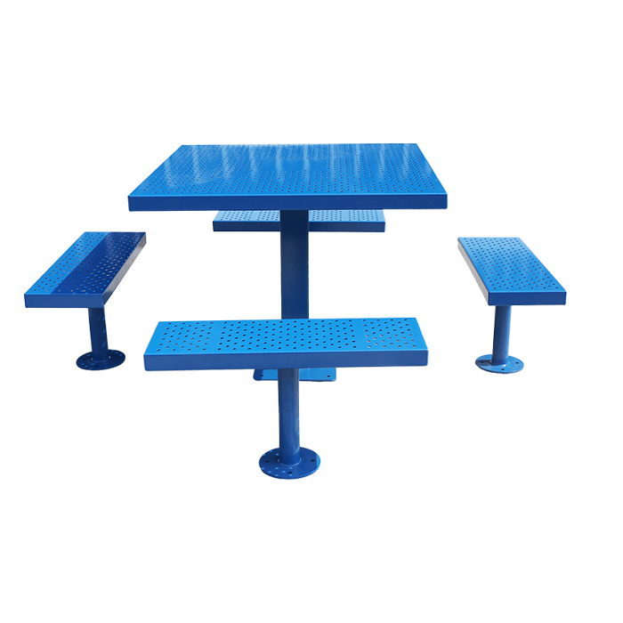 outdoor perforated steel picnic table and 4 benches