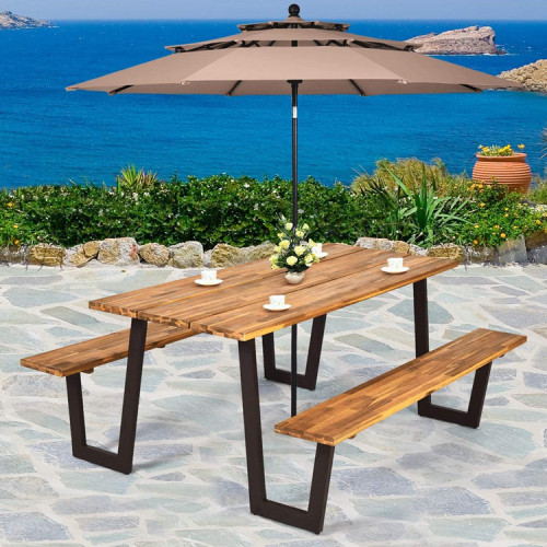 Rectangular Wooden Picnic Table with Attached Seats