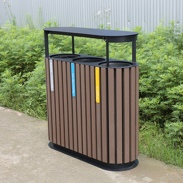 outdoor wooden 3 compartment trash can