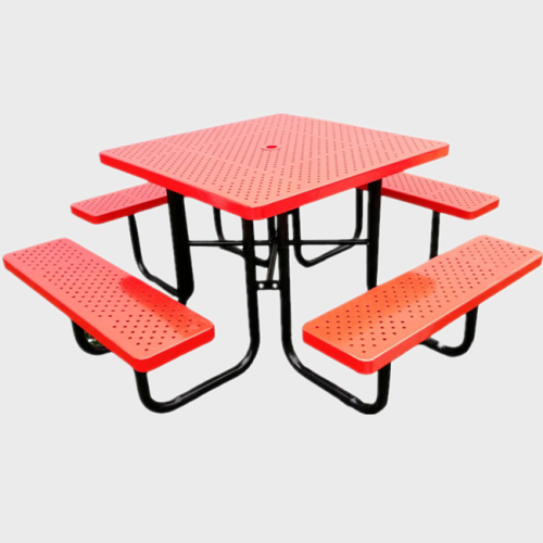 Outdoor perforated steel picnic table chair with umbrella hole