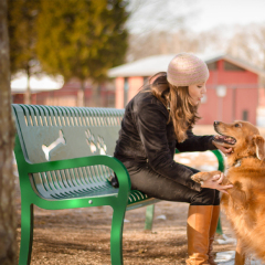 Outdoor dog park slatted steel bench