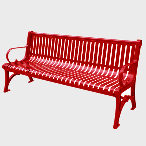 Red metal outdoor seating bench for garden