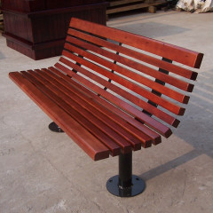 Outdoor public wood slat bench with back