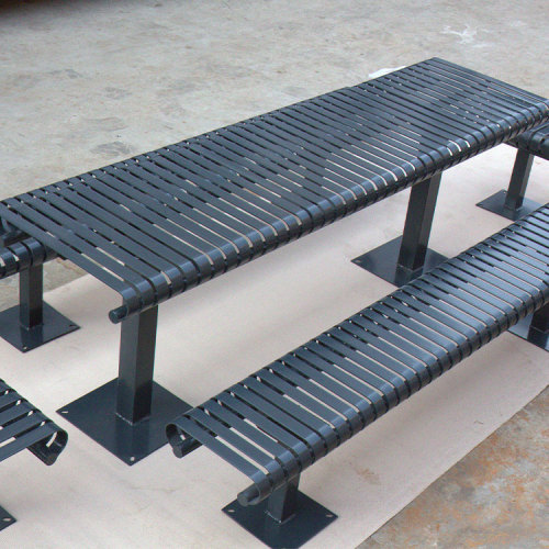 Slatted steel outdoor picnic table with bench