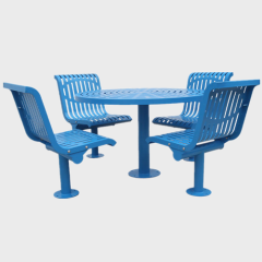 Outdoor round slatted steel picnic table and 4 chairs
