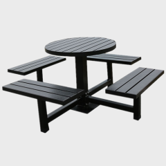 Round steel and wood picnic table with 4 seats
