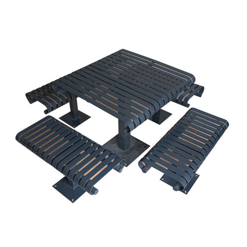 Slatted steel outdoor picnic table with bench