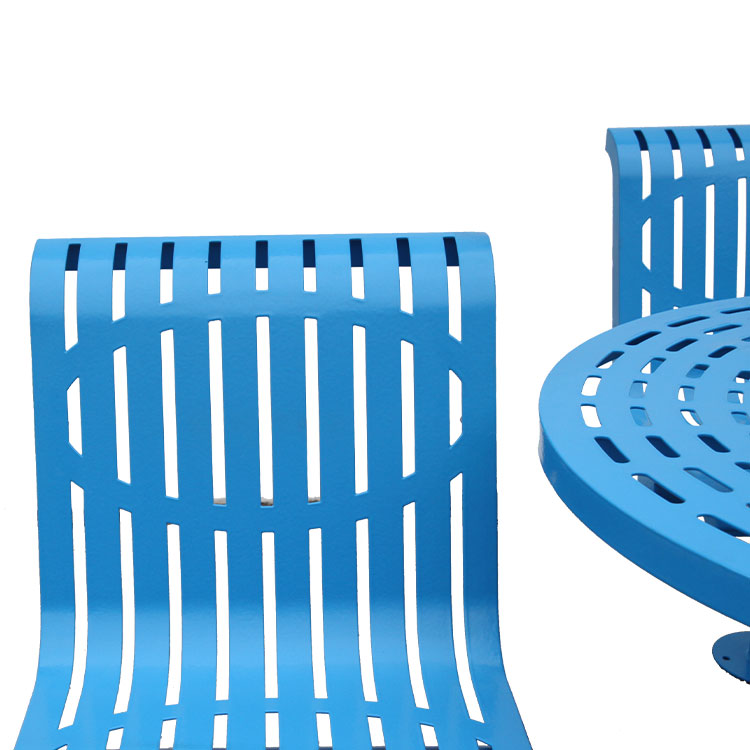 Outdoor round slatted steel picnic table and 4 chairs