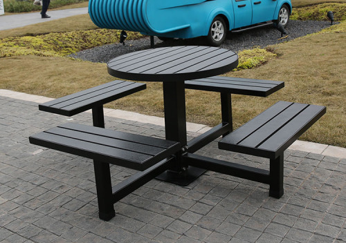 Round steel and wood picnic table with 4 seats