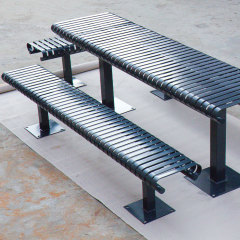 Slatted steel outdoor picnic table with bench