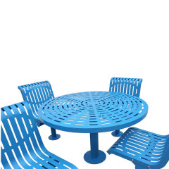 Outdoor round slatted steel picnic table and 4 chairs