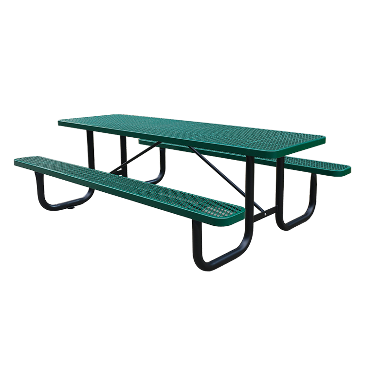 Outdoor long metal picnic benches and tables