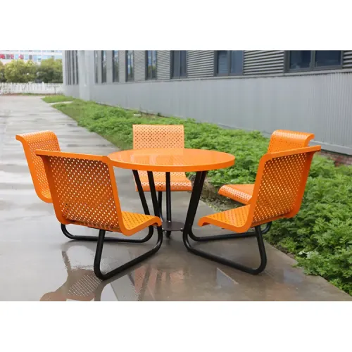Round steel outdoor picnic table with chairs