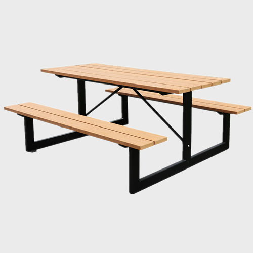 Outdoor picnic wood table with attached bench