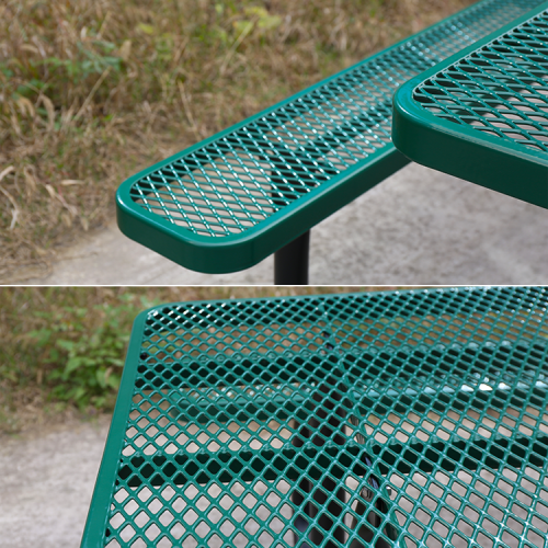 Outdoor long metal picnic benches and tables