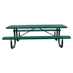 Outdoor long metal picnic benches and tables