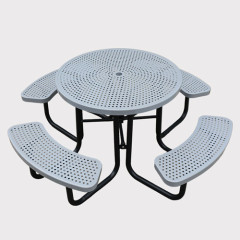 Round perforated metal picnic table with umbrella hole